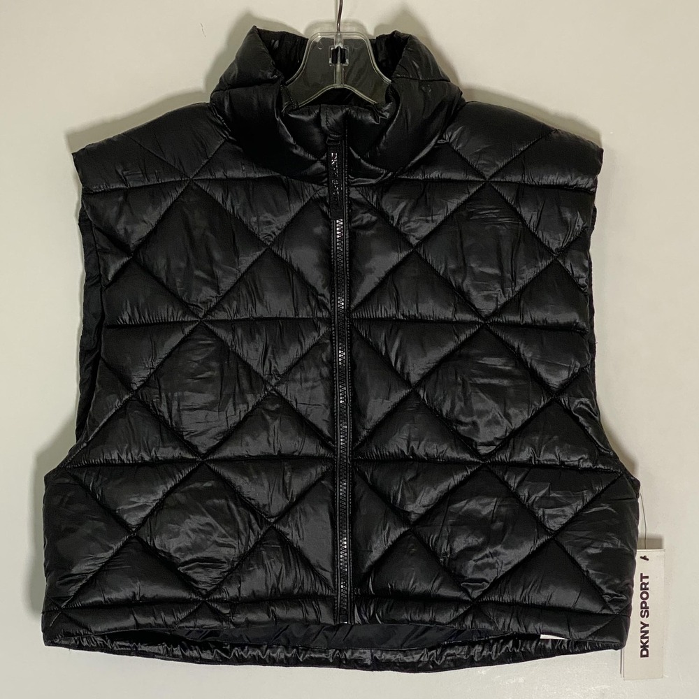 DKNY Sport Vest Womens Large Black Faux Down Quilted Puffer Zip Water Resistant